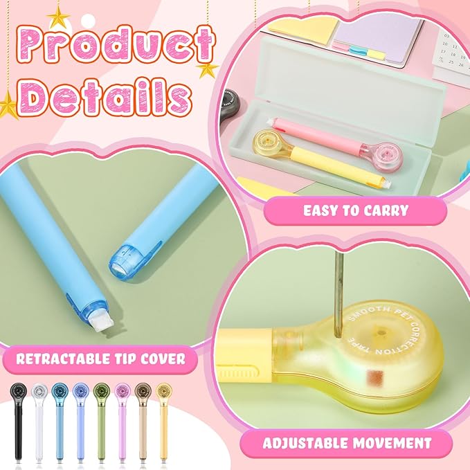 Gersoniel 5 Pack Correction Tape Pen Correctional Ink Tape Push Pull Protective, Easy to Use Applicator for School Office Supplies, 0.2 x 236 Inch (Bright Colors)