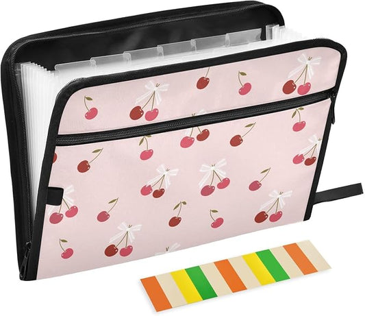 Cherry Striped Bow File Folders,Plastic Folders with 13 Pockets,Expandable File Folder for Documents School Students Office,Aesthetic Folder with Labels A4 Letter Size