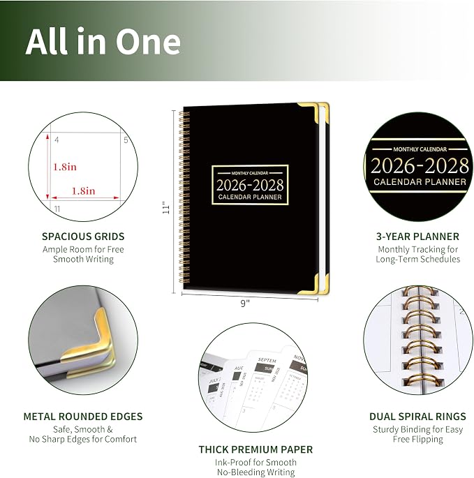 Monthly Planner 2026-2028, Hardcover with Metal Corner 3 year calendar 2026-2027-2028 Calendar Book from Jan 2026 - Dec 2028, 9“ x 11”, Spiral Bound,Organizer for Office, School, and Home, Black