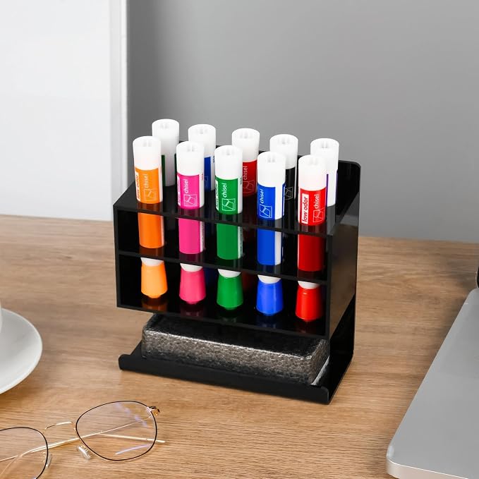 Dry Erase Marker Holder, 2 PCS Wall Mounted Acrylic Marker Holder with 10 Slots, Sticky Pen Storage for Classroom Organization, Office, Whiteboard, Desk Locker Accessories, Black