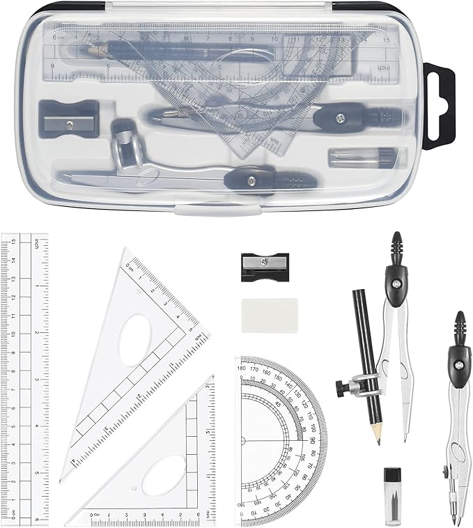 Vobou Math Geometry Kit Sets 10 Piece Student Supplies with Shatterproof Storage Box,Includes Rulers,Protractor,Compass,Eraser,Pencil Sharpener,Lead Refills,Pencil,for Drafting（Black）
