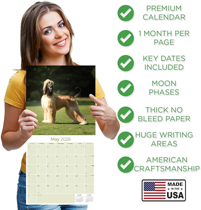 Afghan Hound Calendar 2026 - Monthly Dog Breed Wall Calendar, 12x24 Open, Thick No-Bleed Paper, Made in USA by MegaCalendars