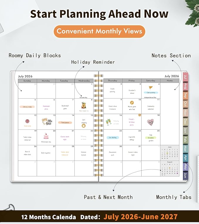 Academic Planner 2026-2027, Weekly and Monthly Calendar Planner from July 2026 - June 2027, 8.5" x 11" A4 Large Daily Agenda Book with Tabs, Flexible Cover, College School Organizer for Student Teacher, Watercolor
