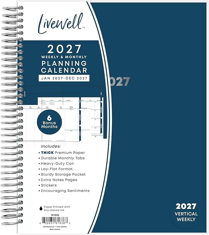 Blue Sky Livewell 2027 Weekly and Monthly Planner Calendar, January 2027 - December 2027, 7" x 9", Flexible Cover, Durable Twin Wire Binding, Colorful Pages, Storage Pocket, Includes Stickers, Navy