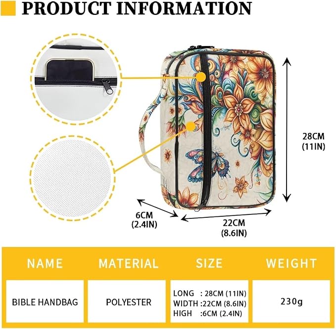 Butterfly Boho Flowers Print Bible Covers for Women & Men, Bible Case and Organizer Bible Carrying Case with Zippered Pocket Bible Protective Bag