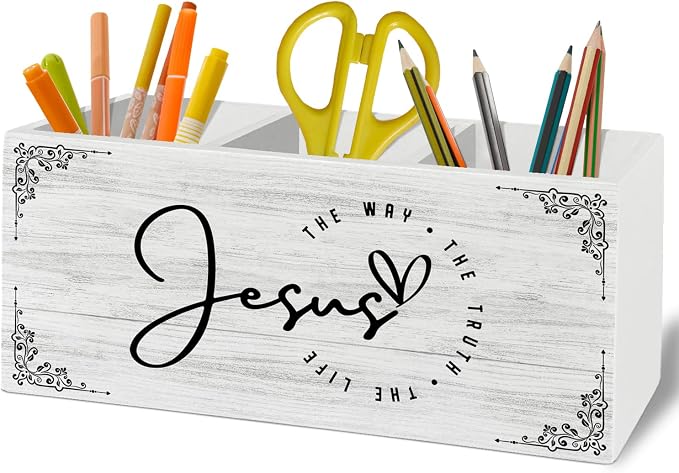 Jesus Christian Pen Pencil Holder Organizer for Desk Accessories, Religious Bible Verse Wooden Box Sign Desk Decor for Home Office Decoration, Jesus Christian Gifts for Women Men