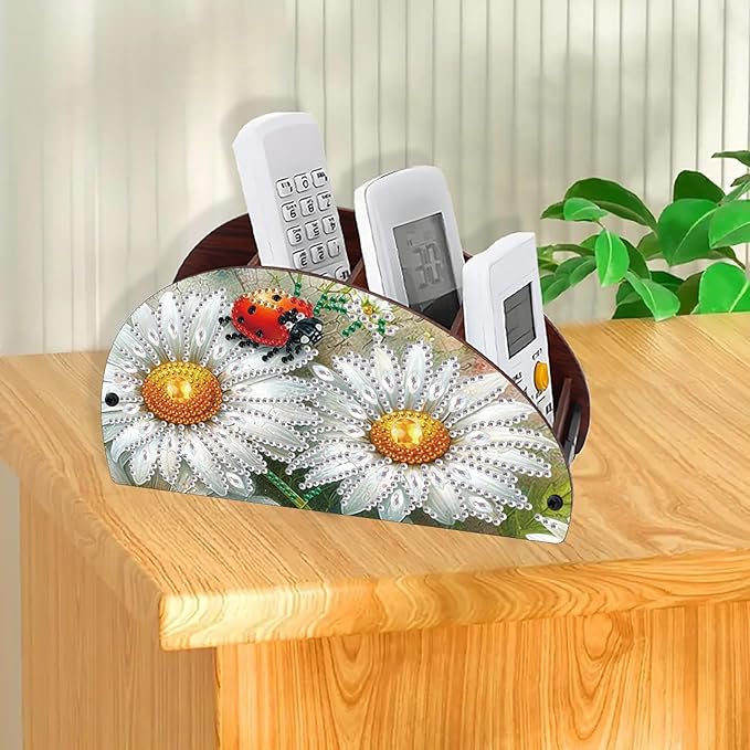 Remote Control Holder with 4 Compartments, DIY Diamond Art Painting Wooden Half Moon TV Control Holder for Remote Controllers, Office Supplies, Makeup Brush, Media Accessories-Daisy