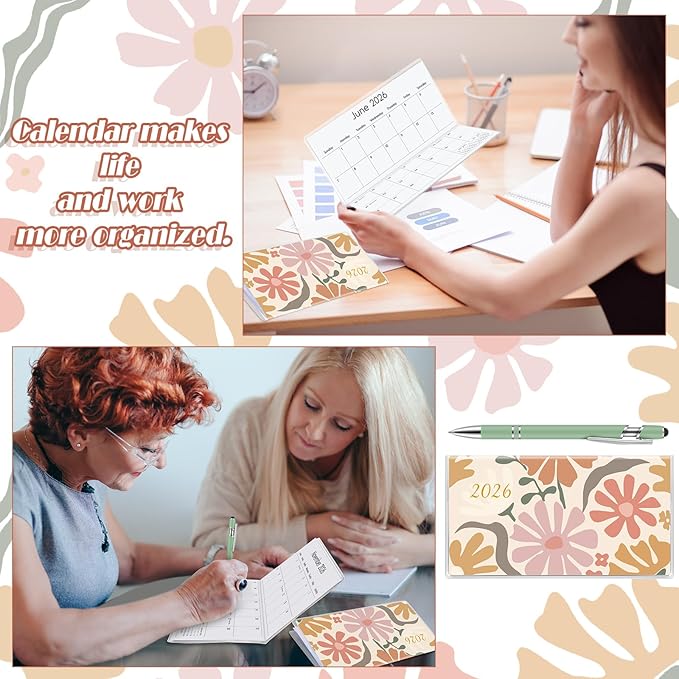 Gueevin 2026 Pocket Calendar for Purse with Pen Small Pocket Planner Handy Weekly Monthly Planner Journal Writing Notebook Valentine New Year Gift Sister Friend Women(Cartoon Flower,Morandi Green)