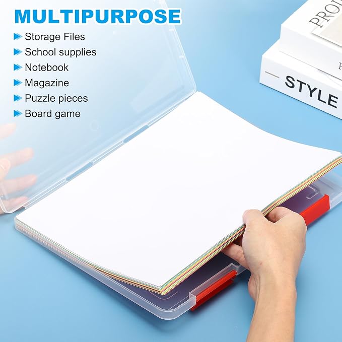 PATIKIL Clear A4 File Portable Project Case with Buckle Plastic Storage Box for 8.5" x 11" Letter Paper Scrapbook Paper Storage Boxes, 12Pcs, 12.2"x9.1"x0.8", Multicolor