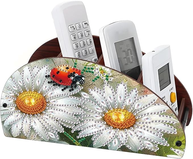 Remote Control Holder with 4 Compartments, DIY Diamond Art Painting Wooden Half Moon TV Control Holder for Remote Controllers, Office Supplies, Makeup Brush, Media Accessories-Daisy