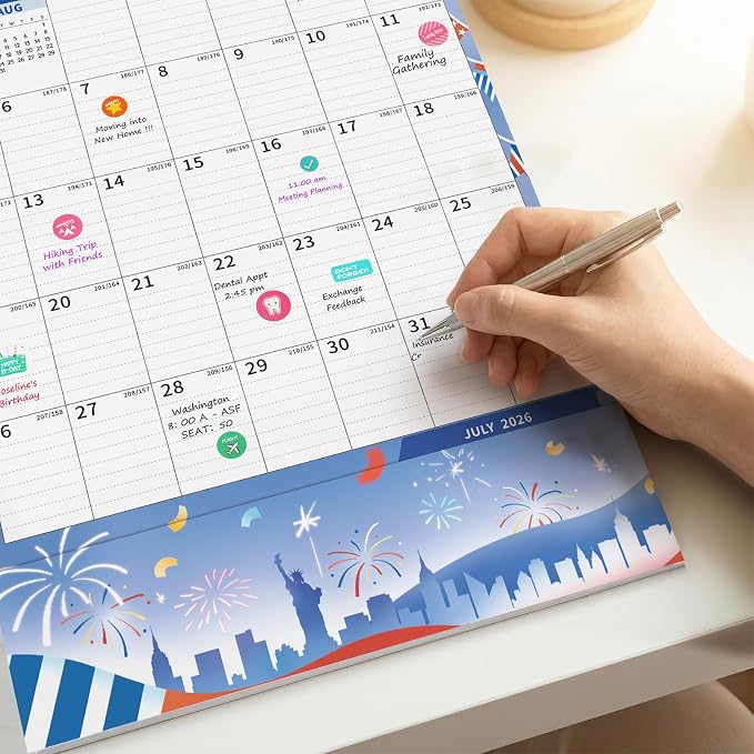 Ospelelf Wall Calendar 2026-2027 with Storage Pockets, 17" X 12" Monthly Large Planner Pad with Protective Cover and Stickers, for Family Fridge Office Teacher Student, Use July 2026 to December 2027 Season