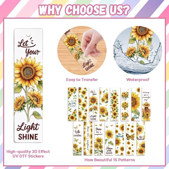 Peacoblue 30pcs UV DTF Bookmarks Transfer Stickers Wraps Sunflower Series for Women Men Reading, Waterproof Bookmarkers Decal(No Blank Bookmarks) for Acrylic Plastic Metal Blank Bookmark
