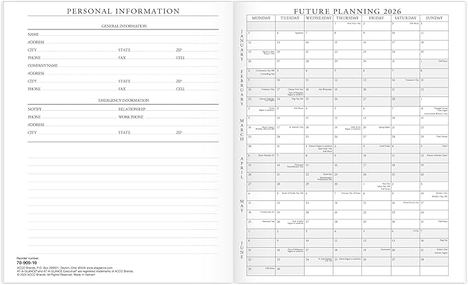 AT-A-GLANCE 2026 Monthly Padfolio Refill for 70-290, 9" x 11", Large, Executive (709091026)