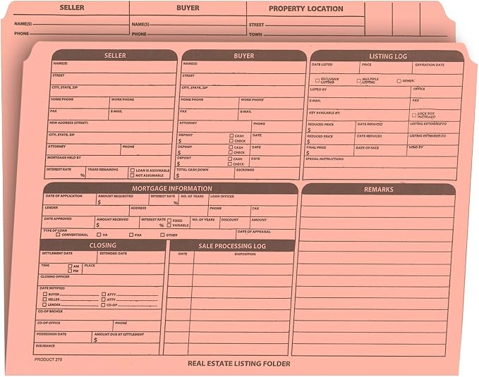 Real Estate Listing Folder - Right Panel List, Pre-Printed on Durable Card Stock with Closing Checklist and Color-Coded Dots for Organizing (Pink, Letter Size | Pack of 25)