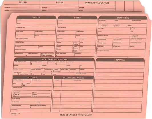 Real Estate Listing Folder - Right Panel List, Pre-Printed on Durable Card Stock with Closing Checklist and Color-Coded Dots for Organizing (Pink, Letter Size | Pack of 25)