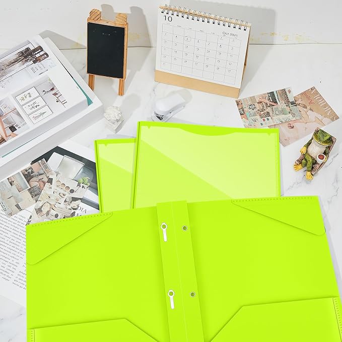 Henoyso 18 Pcs Plastic Folder with Clear Front Pocket and 3 Prong Plastic Folders with Card Slot Pocket Folders with Prongs for School Office (Fluorescent Green)