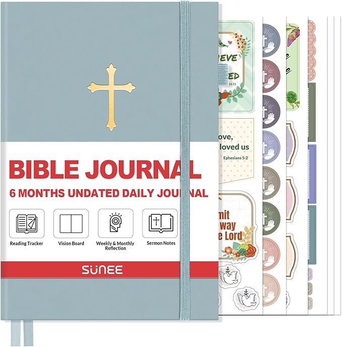 SUNEE Christian Bible Study & Prayer Journal – Undated 6-Month Scripture Notebook for Daily Devotional & Faith Growth, Meaningful Religious Gift for Women, Men, Pastor or Graduation (Grey Blue)