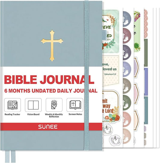 SUNEE Christian Bible Study & Prayer Journal – Undated 6-Month Scripture Notebook for Daily Devotional & Faith Growth, Meaningful Religious Gift for Women, Men, Pastor or Graduation (Grey Blue)