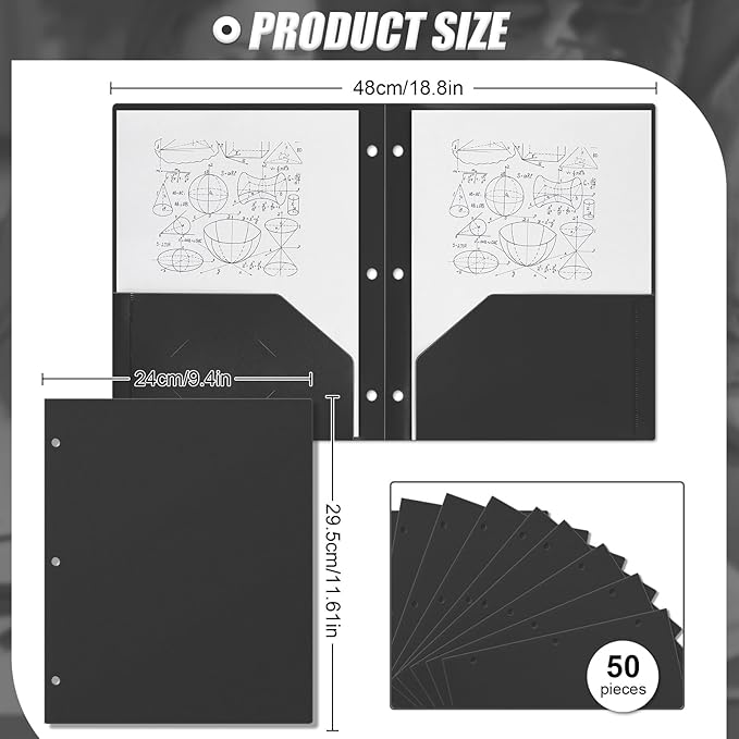 Yeaqee 50 Pcs Plastic Folders with Pockets Bulk 3 Hole Punched 2 Pocket File Folders for 3 Ring Binder Divider Folder for Notebooks, Durable Poly for Office Home (Black)