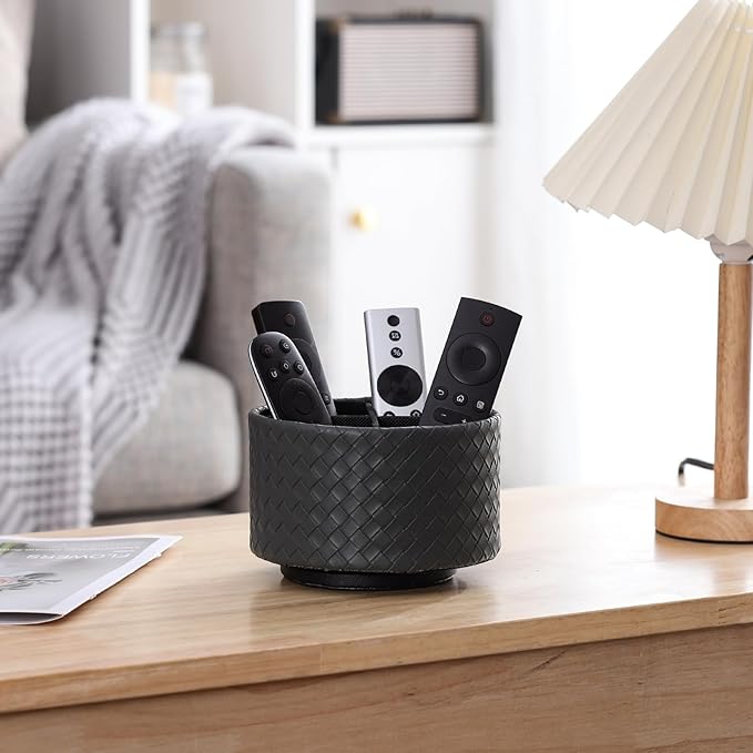 Rotating Remote Holder, PU Leather 360 Degree Rotating Desktop Organizer with 4 Compartments, Makeup Brush Holder Organizer for Vanity Desk, Grey PH118