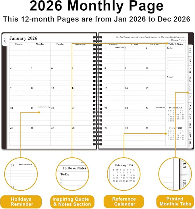2026 Planner - Weekly and Monthly Planner from Jan 2026 - Dec 2026, Spiral Planning 2026 with 12-Month Tabs, Inner Pocket, 8.5" x 11", Black