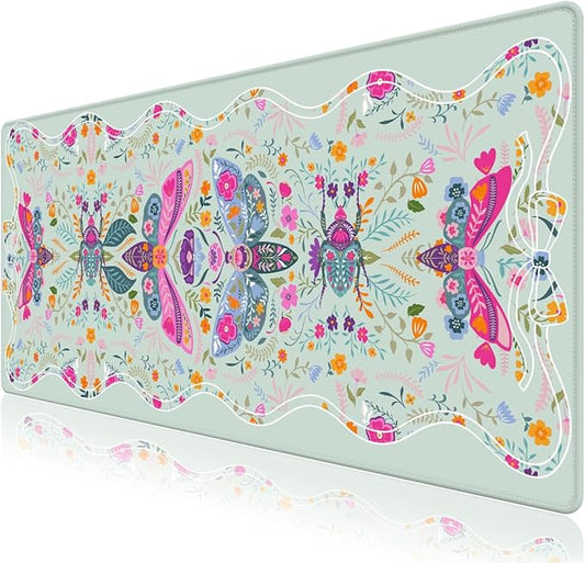 Desk Mat for Keyboard and Mouse, Large Non-Slip Mouse Pad Keyboard Pad, Computer Mats for Desktop, Cute Desk Pad with Stitched Edges for Office, Gaming I Pastel Green Floral Symmetry