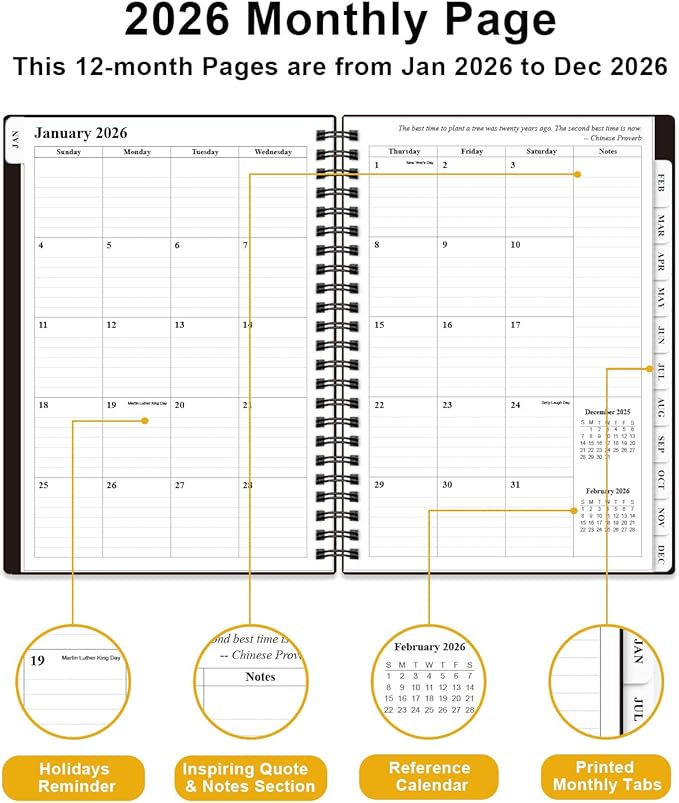 Planner 2026 - Weekly & Monthly Planner from January 2026 to December 2026, Agenda 2026 with Inner Pocket, Elastic Band, 6.4" x 8.5", Black