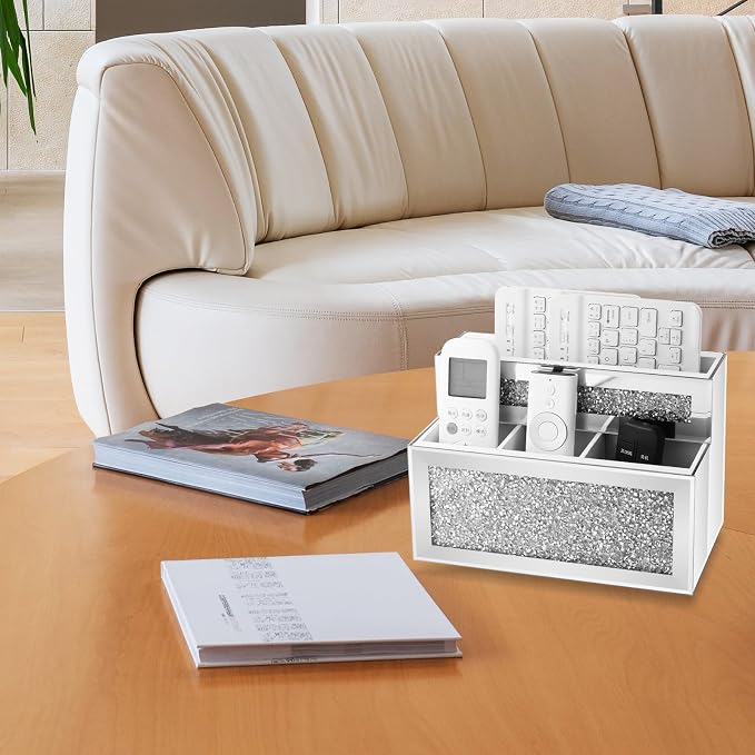 Mirrored Remote Control Holder, Crushed Diamond TV Remote Holder Wall Mount, Desk Organizers and Accessories for Phone, Pad, Pen and Pencil, Remote Caddy