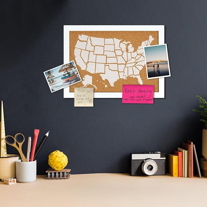 White Frame Cork Board Map of The United State, 14" X 11" Bulletin Boards for Walls with 10 Pins, Travel Tracker Map for Office, School and Home (US-MAP-2636-C)
