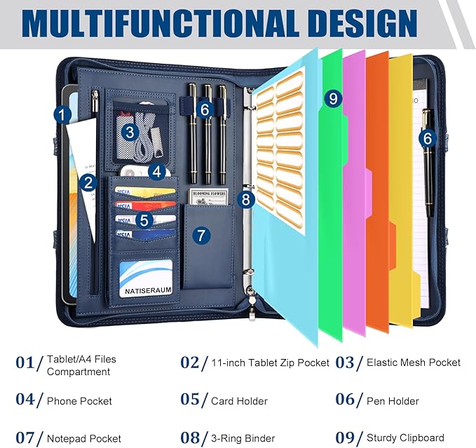 Padfolio Portfolio Binder with Handle, 3-Ring Folder Organizer, Vegan Leather Portfolio with Notepad Includes 5 Dividers with 10 Pockets for Documents Filesfor Documents Files and 1 Pen