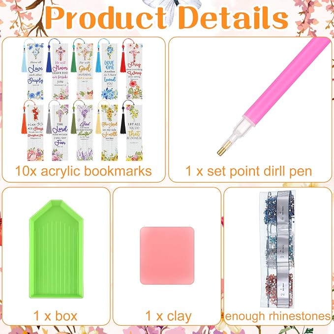 Sinload 10 Pcs Christian Bible Verse Diamond Art Bookmark for Adults Christian Diamond Bookmarks with Tassels 5d Watercolor Floral Cross Bookmarks for Reading Lover DIY Crafts Religious Gifts