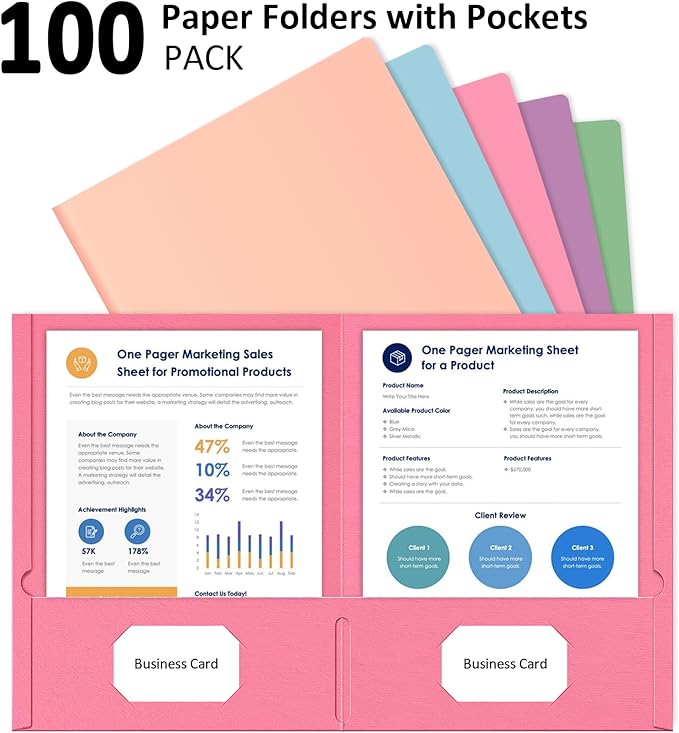 HABGP Two Pocket Folders, 100 Pack 2 Pocket Folders Fit Letter Size Paper, Pastel Paper File Folders with Pockets for School Office Home Business, Assorted 5 Colors