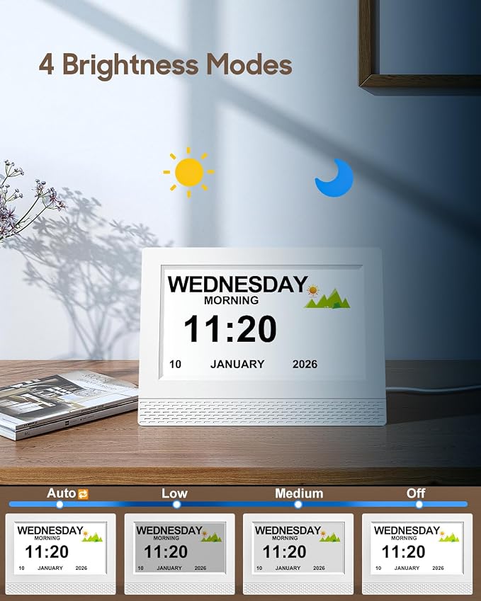 Clock with Day and Date for Elderly, 7" Display Digital Calendar Day Clock with 21 Custom Alarms and Medicine Reminders, 17 Display Modes, Dimmable Dementia Alzheimers Clocks for Seniors