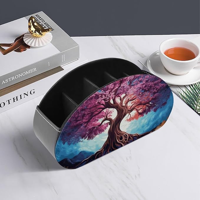 Color Tree Remote Control Holder TV Remote Caddy with 5 Compartments PU Leather Storage Box Stylish Desk Organizer for TV/DVD/Accessories Desk Office Supplies Home