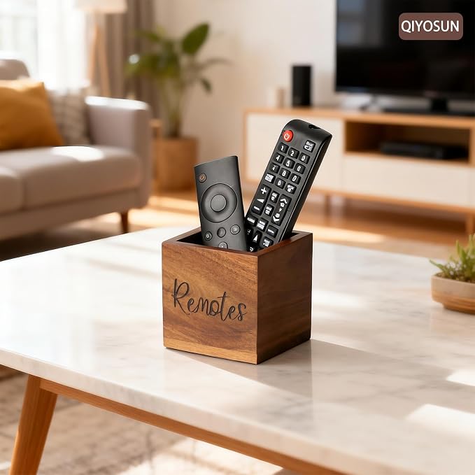 Remote Control Holder, Farmhouse Wood TV Organizer for Table, Wooden Remote Control Organizer, Remote Storage Caddy, Remote Control Organizer (Brown, 3.5 Inch Labeled Remote)