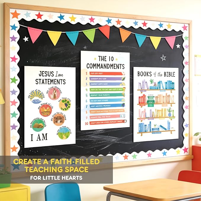 12 PCS Kids Bible Education Posters Set (11x17") - Biblical Learning Charts for Sunday School Classroom Christian Religious Home Wall Decor, Books of the Bible, 10 Commandments & More