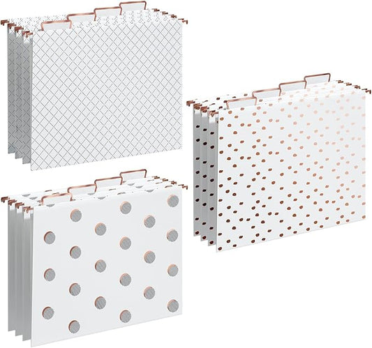 Y YOMA Rose Gold Hanging File Folders, Letter Size, 12 Pack Decorative Paper Hanging Folders with 1/5-Cut Adjustable Tabs, Desktop Filing Ideal for Home and Office Organization, 3 Design