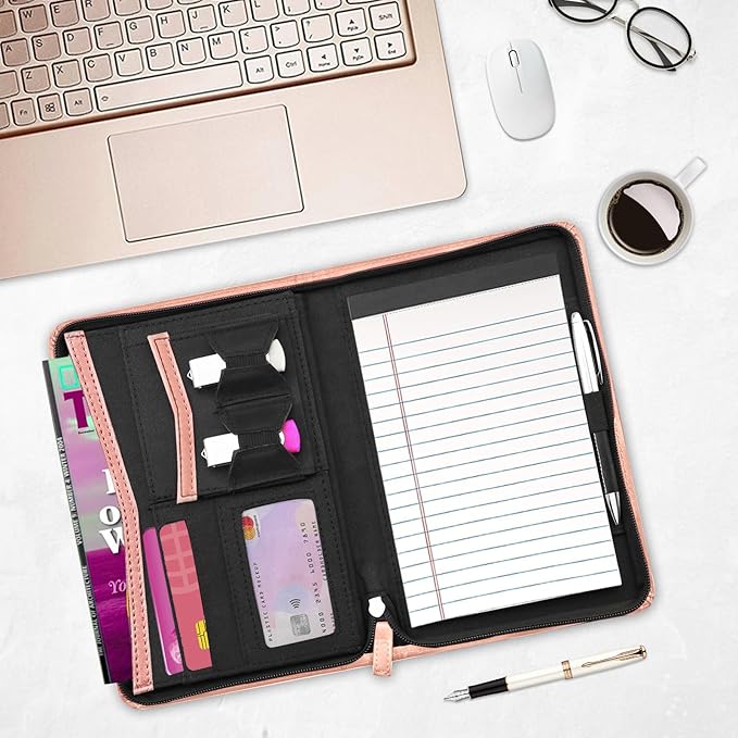 Junior Padfolio/Resume Portfolio Binder with Refillable Lined Notepad, A5 Padfolio Folder, Business Portfolio, Multi-Function Case, A5 Writing Pad Included, Pink.