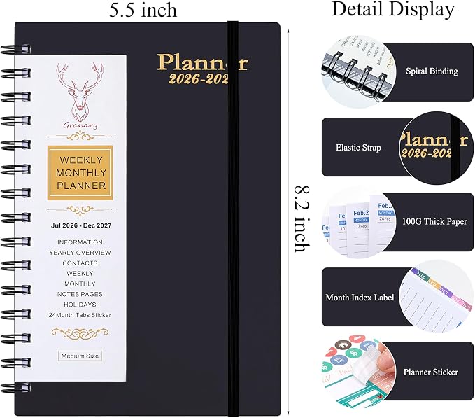 Planner 2026-2027, Weekly and Monthly Planner 2026-2027 Academic Year (July 2026-June 2027), 18 Months Calander Planner, Daily Agenda Book for School Student, Teachers, Office Supplies, Home, 8.2"×5.5" (JUL.2026-DEC.2027 Black)