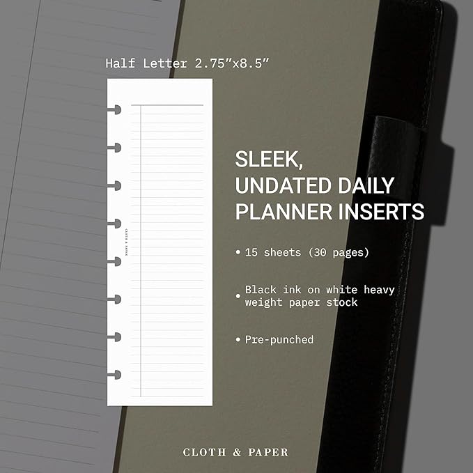 Cloth & Paper Half Page Task Inserts – Half Letter 8-Disc Planner Refills – 30 Pages (15 Double-Sided) – Minimal To-Do List, Daily Planner, Grocery List, Chores, Goals, Notes & Priorities Organizer