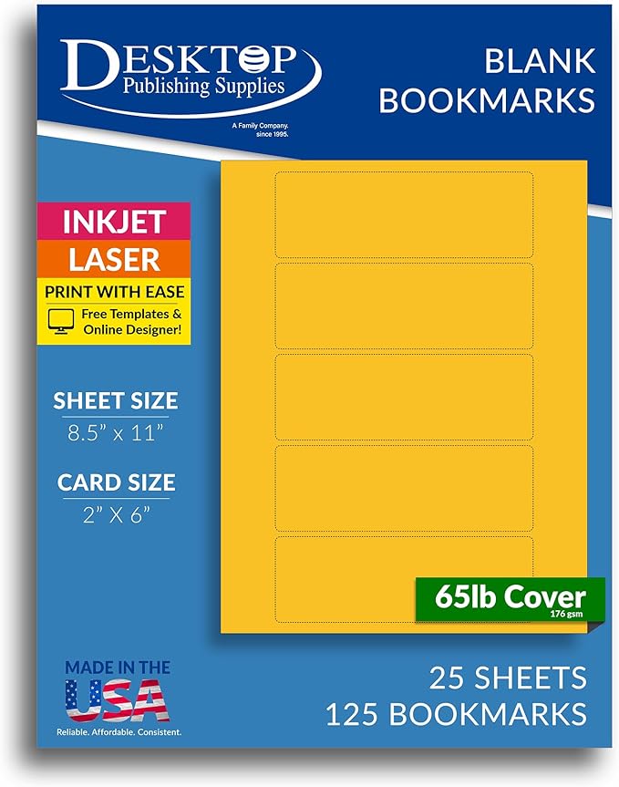 Printable Bookmarks - Blank Bookmark Printing Paper for Inkjet & Laser Printers - 2" x 6" Perforated Bookmarks 5 per Page - 25 Sheets / 125 Book Marks (Dandelion Yellow)
