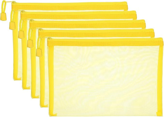 PATIKIL A5 Mesh Zipper Pouch Bags, 5 PCS Mesh Bags with Zipper Plastic Storage Pocket for Organizing File Beads Office Home Supplies, 18x25cm, Yellow