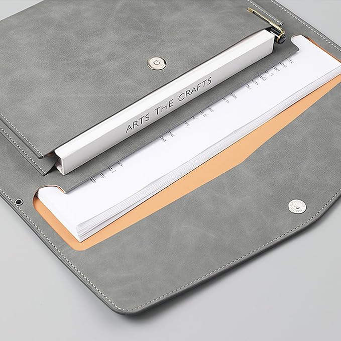 PU Leather A4 File Folder Document Holder with 2 Compartments Envelope Folder Case with Snap Closure for Receipt Contract (Gray)