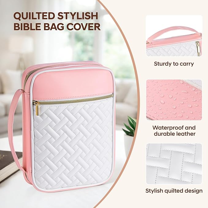 Bible Cover Case for Women, Quilted Large PU Leather Bible Carrying Book Case with Handle, Bible Bag Study Supplies Bible Carrier & Christian Gift for Women (Pinkish White)