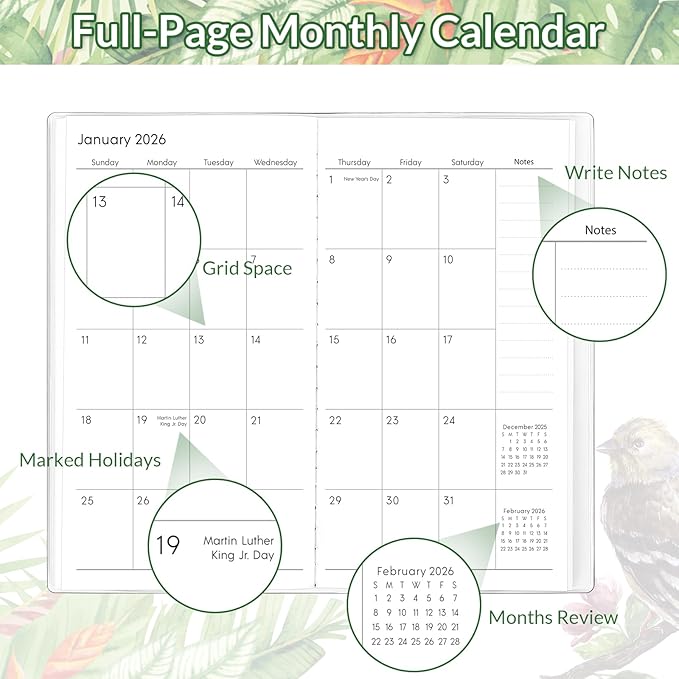Pocket Calendar 2026-2027, Monthly Planner 2026-2027 - Runs from January 2026 Until December 2027-6.7" x 3.7", Bird Calendar Planner with PVC Cover for Planning, Organizing and Office