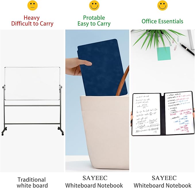 SAYEEC Whiteboard Notebook, Portable Dry Erase Board Fineliner Pens, PU Cover Erasable Handheld White Board Reusable Drawing Notebook Easel Pad for Meeting Business Office School (Navy Blue)