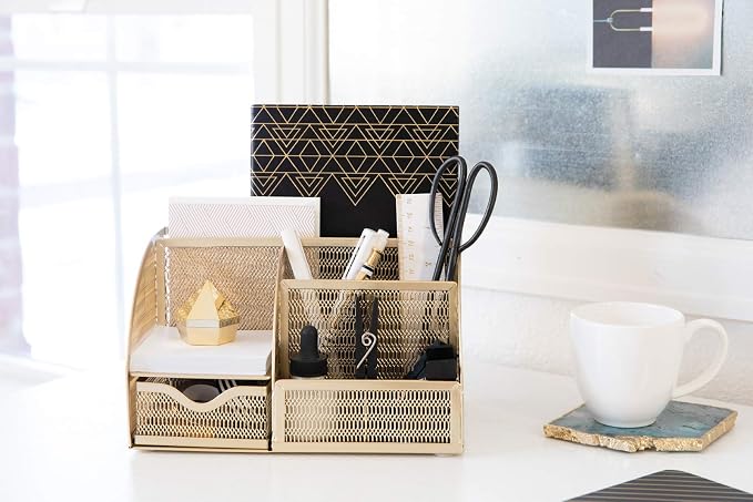 BLU MONACO | Gold Desk Organizer with Drawer | Metal Desktop Caddy with Six Compartments for Office Supplies | Stylish Desk Organizers and Accessories for Home or Office