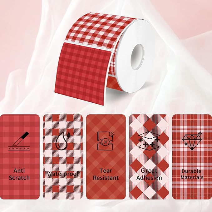 Thermal Labels Stickers 2" x 2", Red Self-Adhesive Waterproof Square Christmas Direct Thermal Labels Stickers, Perforation Line Design- 300 Sheets
