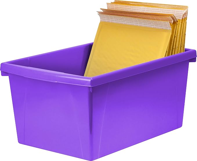 Storex 5.5 Gallon Storage Bin – Plastic Classroom Organizer for Books and Supplies, Violet, 1-Pack (61486C06C)