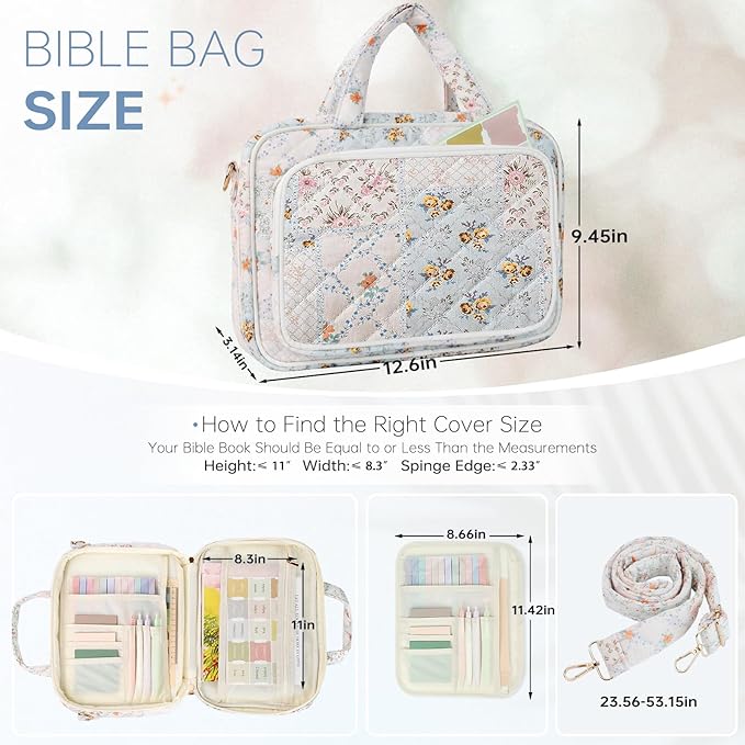 Bible Cover Case for Women Bible Study Supplies Christian Gifts for Women Church Camp Essentials Christian Bible Journaling Kit Quilted Large Bible Cover with Durable Handle (Spliced Flower, Large)